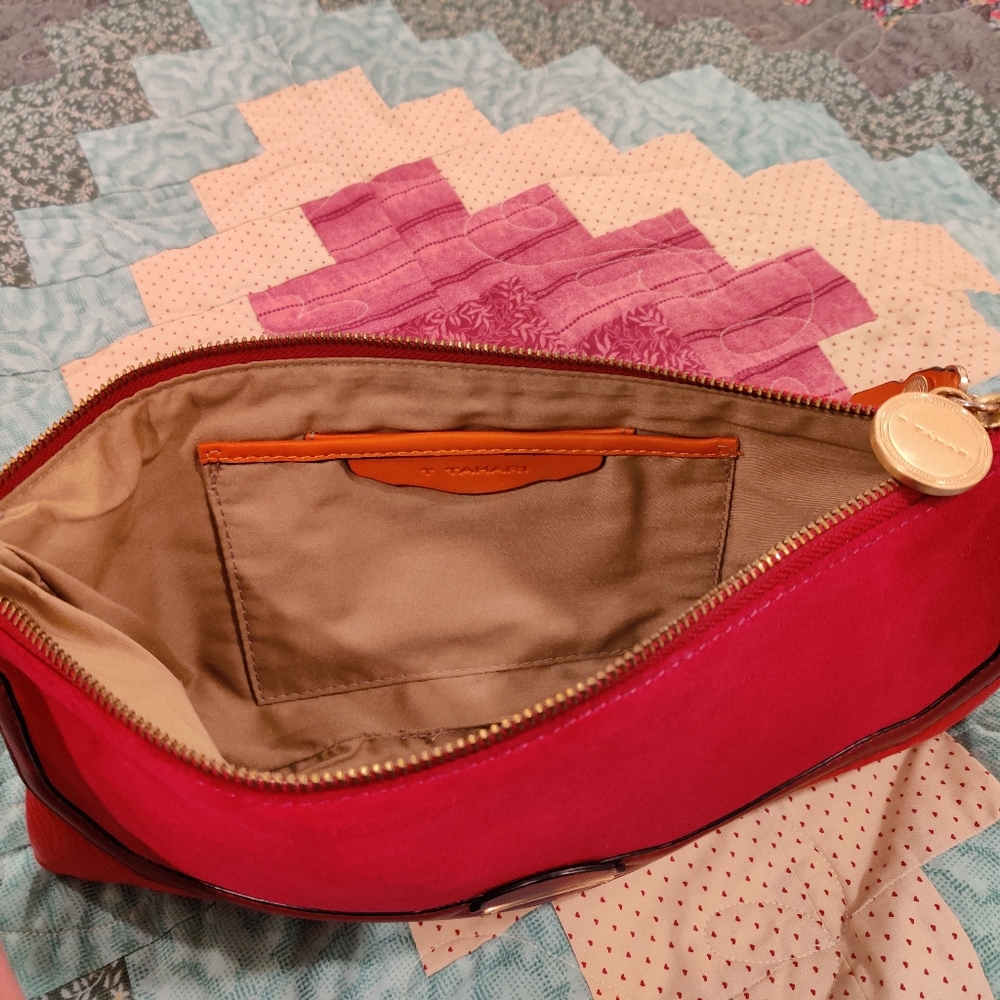 Large T Tahari Leather & Nubuck Clutch - Picture 7 of 13